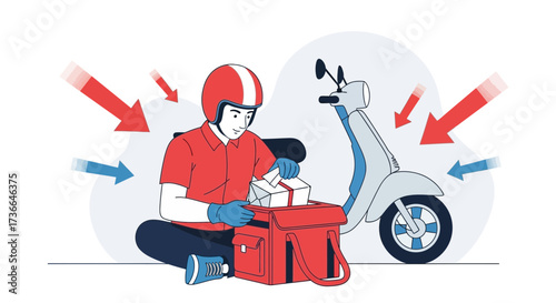 Courier Preparing Packages Near Motorcycle, Flat Illustration Demonstrating Delivery Processes