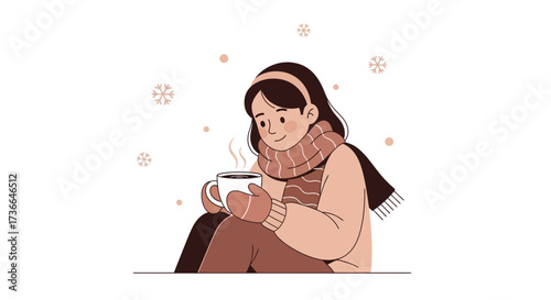 Cozy Winter Portrait Of A Young Woman Enjoying A Warm Drink And Festive Snowflakes