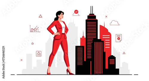 Confident businesswoman in red suit standing in front of city buildings illustration