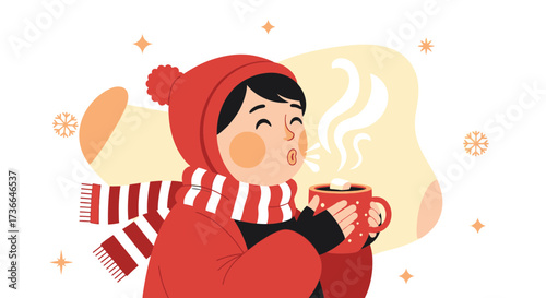 Cozy winter scene with a person enjoying a warm drink in the cold weather