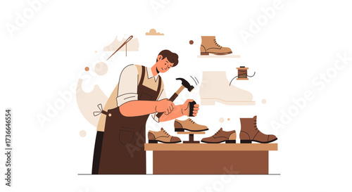 Craftsman Creating Footwear: A Detailed Depiction Featuring Shoes And Crafting Tools