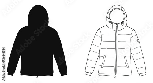 Black and white illustration of two hooded puffer jackets front views
