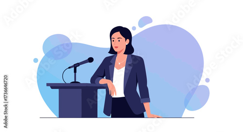 Confident Woman at Podium Delivers Speech Vector Illustration for Communication Concepts