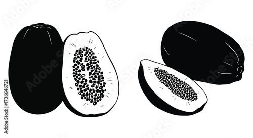 Detailed black and white illustration of papaya fruit whole and halved