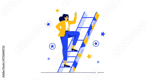 Creative Businesswoman Achieves Goals By Ascending The Ladder Of Success Towards the Stars