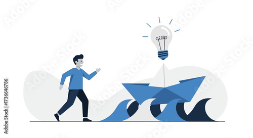Creative Concepts Spark Bright Ideas as a Man Follows His Clever Paper Boat