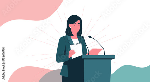 Confident Woman Presenting Ideas At Podium During A Business Convention Or Conference