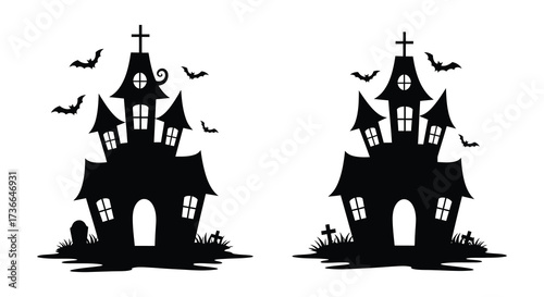 Spooky silhouettes of haunted houses with bats and graveyard elements