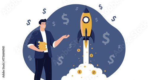Creative Entrepreneur Celebrates Financial Growth with Rocket Launch and Monetary Symbols