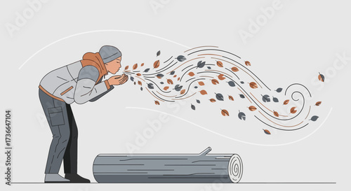 Creative Illustration of Person Blowing Leaves in Autumn Season Concept