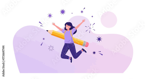 Creative Inspiration: Person Jumps With Pencil, Celebrating Imagination and New Ideas