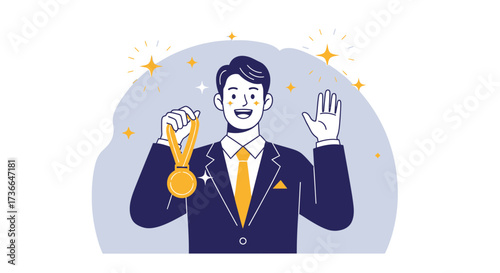 Corporate Success Celebration Depicted With A Prize and Person in Bright, Uplifting Style