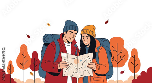 Couple backpacking looks at a map to explore a new natural location during autumn