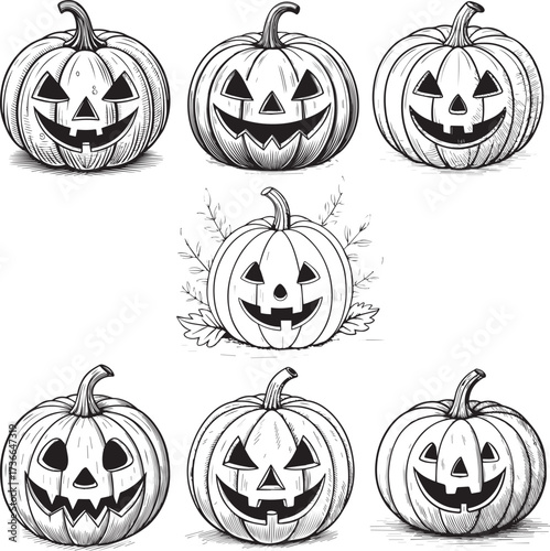 Set of three carved halloween pumpkins with jack-o'-lantern faces in full color, black silhouette, and line drawing style eps vector file.