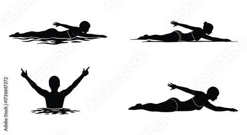 Silhouettes of people swimming and enjoying water activities in the sun