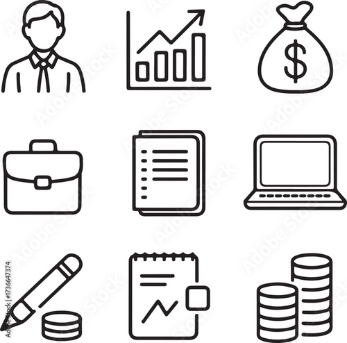Investment Banker Hand-Drawn Line Icon Pack Briefcase, Banker, Stock Chart, Money Bag, Laptop, Ledger, and Finance Tools