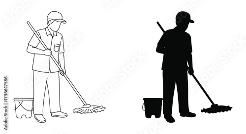 Two janitors depicted in different styles one outlined and one silhouetted
