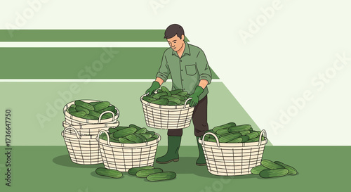 Cucumber Harvest: A Farmer's Labor Among Baskets Filled With Fresh Produce