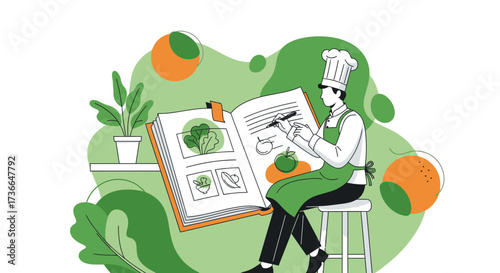 Culinary Artist Composing A Recipe In His Cookbook With Herbal Ornate Elements