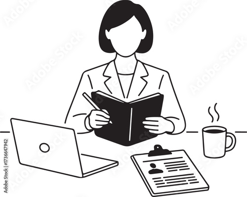 Job Applicant Interview Hand-Drawn Line Icon Pack HR Professional, Candidate, Notepad, Laptop, Clipboard, Desk, and Office Interaction