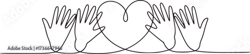 Abstract continuous line drawing of open hands forming heart shape black and white