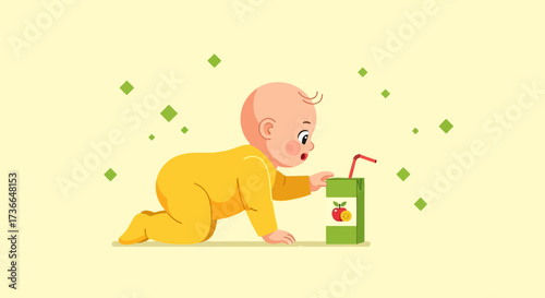 Curious Infant Reaches For Apple Juice Box in Playful And Whimsical Illustrated Scene