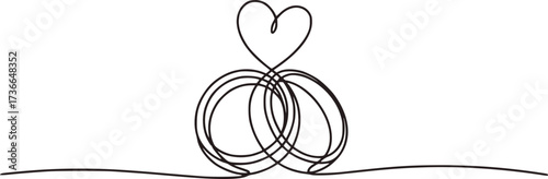 Intertwined heart and wedding rings continuous line drawing love marriage