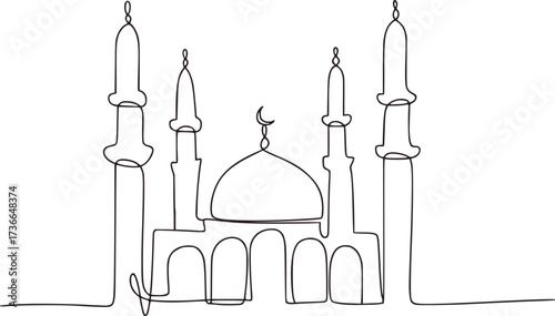 Islamic mosque with dome and minarets one line drawing architecture