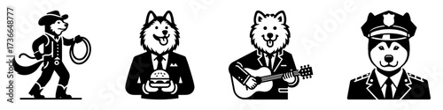 Modern Minimalist American Eskimo Dog-Headed Man Holding Burger Icon, Flat Silhouette of a Foodie Character Vector for Culinary Illustration Design