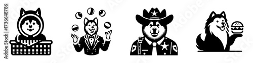 Modern Minimalist American Eskimo Dog-Headed Man with Sheriff Icon, Flat Silhouette of a Law Enforcement Character Vector for Western Illustration Design