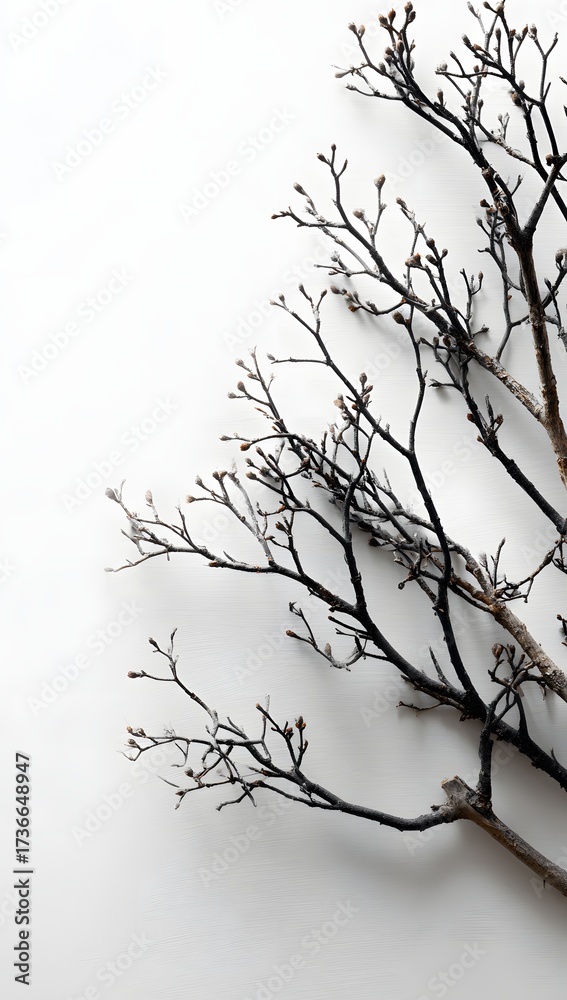 Fototapeta premium Striking Minimalist Composition featuring Dark Tree Branches with Tiny Leaves or Flowers against a Vast Bright Sky Background