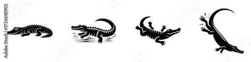 Modern Minimalist Alligator Icon, Flat Silhouette of a Full Body Sunbathing Alligator Vector for Wildlife Illustration Design