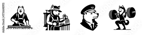 Modern Minimalist American Eskimo Dog-Headed Man Weightlifting Icon, Flat Silhouette of a Fitness Character Vector for Gym Illustration Design