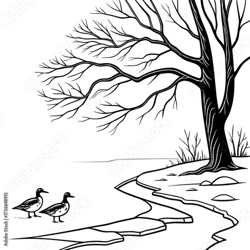 tree on the winter  river bank 