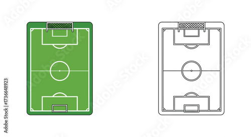 Aerial view of a soccer field diagram with color and grayscale versions