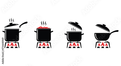 Sequence of cooking stages shown with pots on burners black and white