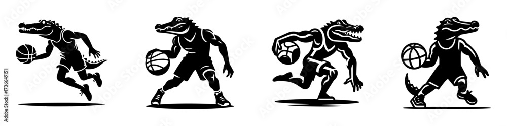 Obraz premium Modern Minimalist Alligator-Headed Man Icon, Flat Silhouette of a Basketball Dribble Player Vector for Sports Illustration Design