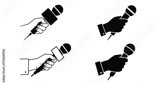 Hands holding microphones in various orientations a black and white illustration