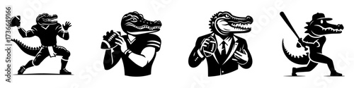 Modern Minimalist Alligator-Headed Man Icon, Flat Silhouette of a Football Quarterback Player Vector for Sports Illustration Design