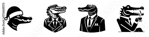 Modern Minimalist Alligator-Headed Man Icon, Flat Silhouette of a Relaxed Coffee Drinker Vector for Beverage Illustration Design