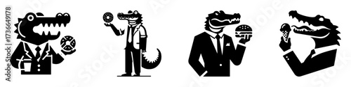 Modern Minimalist Alligator-Headed Man Icon, Flat Silhouette of a Donut Lover Vector for Snack Illustration Design