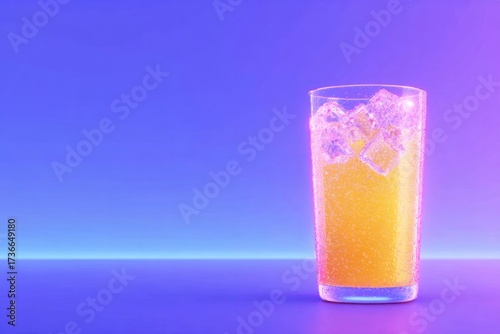 Bright drink with ice in glass, set against vibrant purple gradi