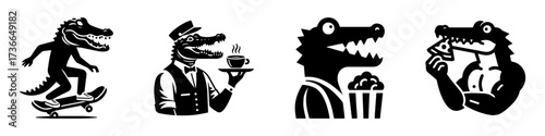 Modern Minimalist Alligator-Headed Man Icon, Flat Silhouette of a Coffee Barista Vector for Café Illustration Design