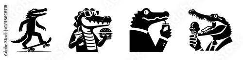 Modern Minimalist Alligator-Headed Man licking ice cream Icon, Flat Silhouette of a Human-Animal Hybrid Vector for Food Illustration Design