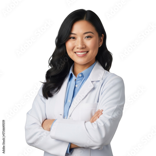 Wallpaper Mural Smiling young asian woman doctor wearing white lab coat with arms crossed isolated on transparent background Torontodigital.ca