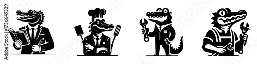 Modern Minimalist Alligator-Headed Man Icon, Flat Silhouette of a Human-Animal Hybrid Vector for Tool Illustration Design