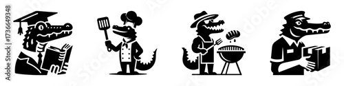 Modern Minimalist alligator-headed man chef with spatula Icon, Flat Silhouette of a Human-Animal Hybrid Vector for Cooking Illustration Design