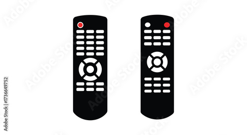 Two black television remote controls with buttons displayed side by side