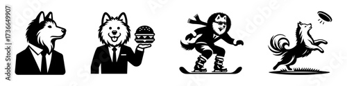 Modern Minimalist American Eskimo Dog-Headed Man Snowboarding Icon, Flat Silhouette of a Winter Sport Vector for Extreme Illustration Design