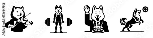 Modern Minimalist American Eskimo Dog-Headed Man Celebrating Birthday Icon, Flat Silhouette of a Party Character Vector for Festive Illustration Design